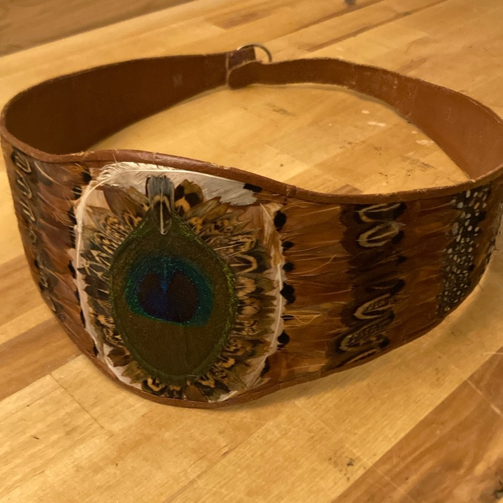 Vintage Boho Peacock Western Feather Brown Leather Belt